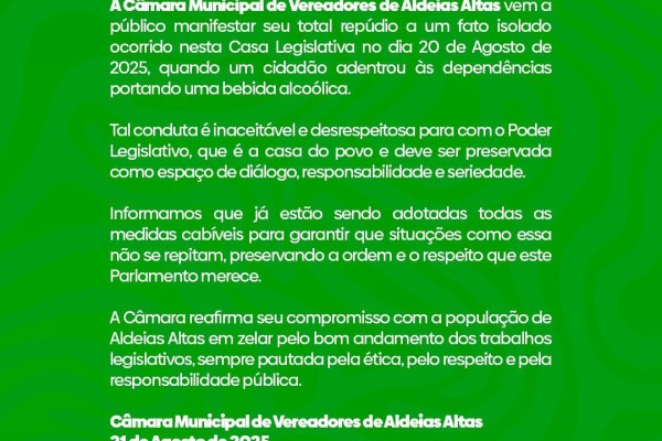  Câmara Municipal de Aldeias Altas reforça compromisso com ordem e respeito em nota oficial