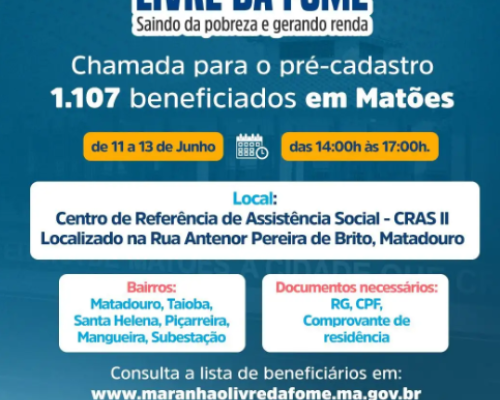 Prefeitura de Matões convoca beneficiários do Bolsa Família para pré-cadastro no Programa 