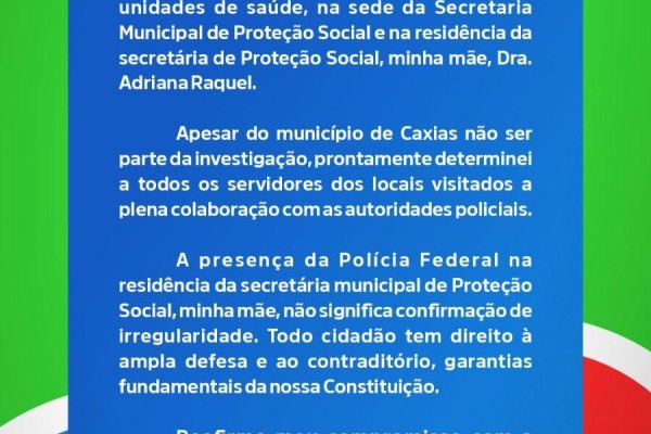  Prefeito Gentil Neto se pronuncia após operação da Polícia Federal em Caxias